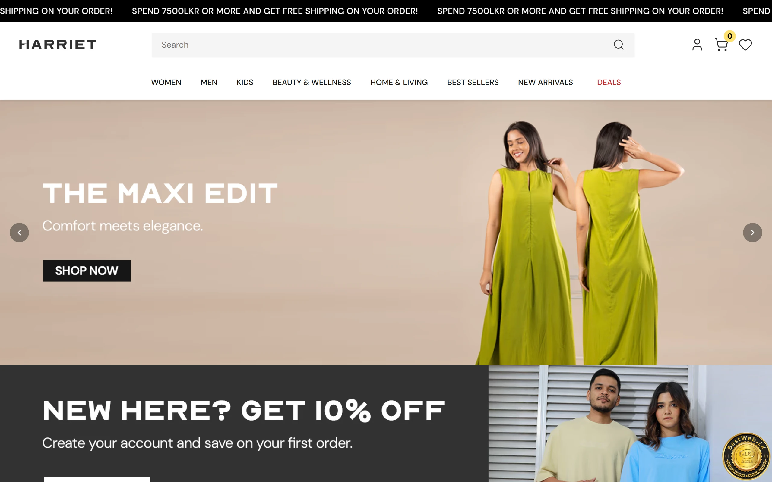 The Harriet Shopping storefront: search, cart and wishlist above a category bar for women, men, kids, beauty and home, over a campaign banner headed “The Maxi Edit”.