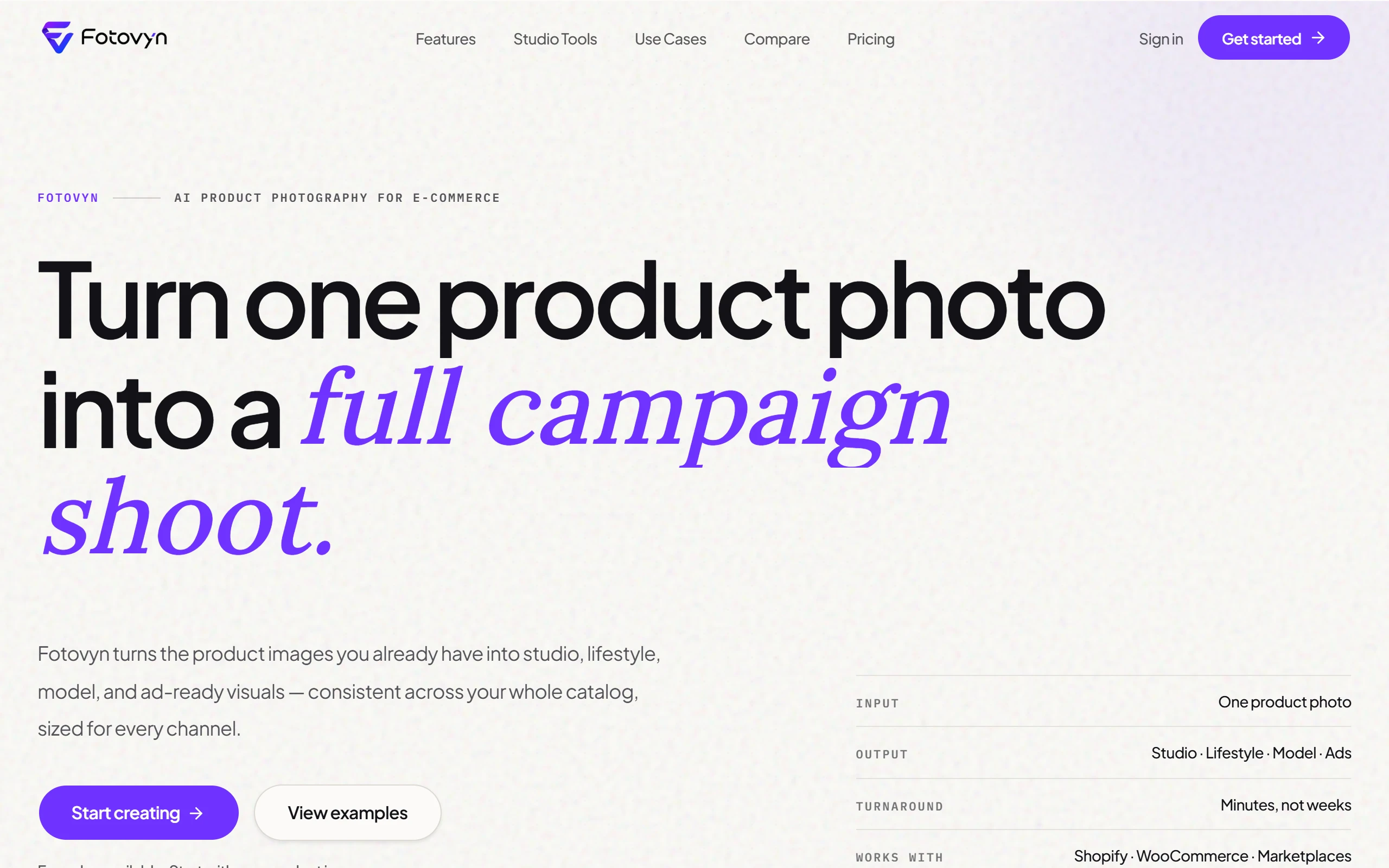 The Fotovyn home page: the headline “Turn one product photo into a full campaign shoot” over a specification table reading input, output, turnaround and supported storefronts.