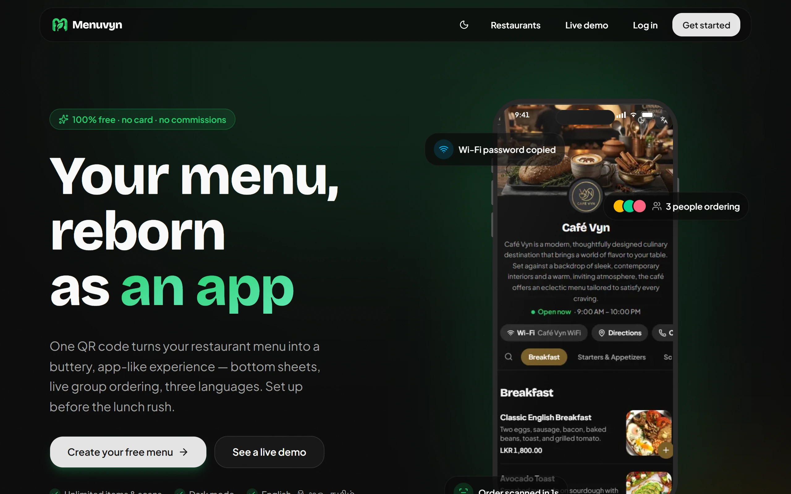 The Menuvyn home page: the headline “Your menu, reborn as an app” beside a phone showing the Café Vyn menu with live group ordering and a breakfast section priced in rupees.