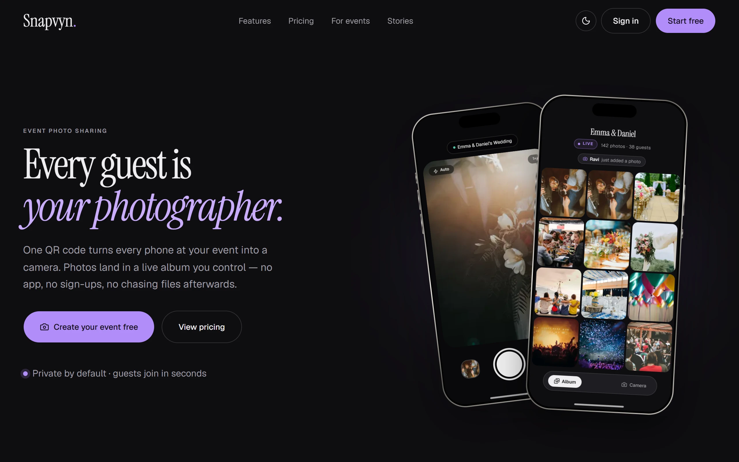 The Snapvyn home page: the headline “Every guest is your photographer” beside two phones showing the in-browser camera and a live wedding gallery of guest uploads.