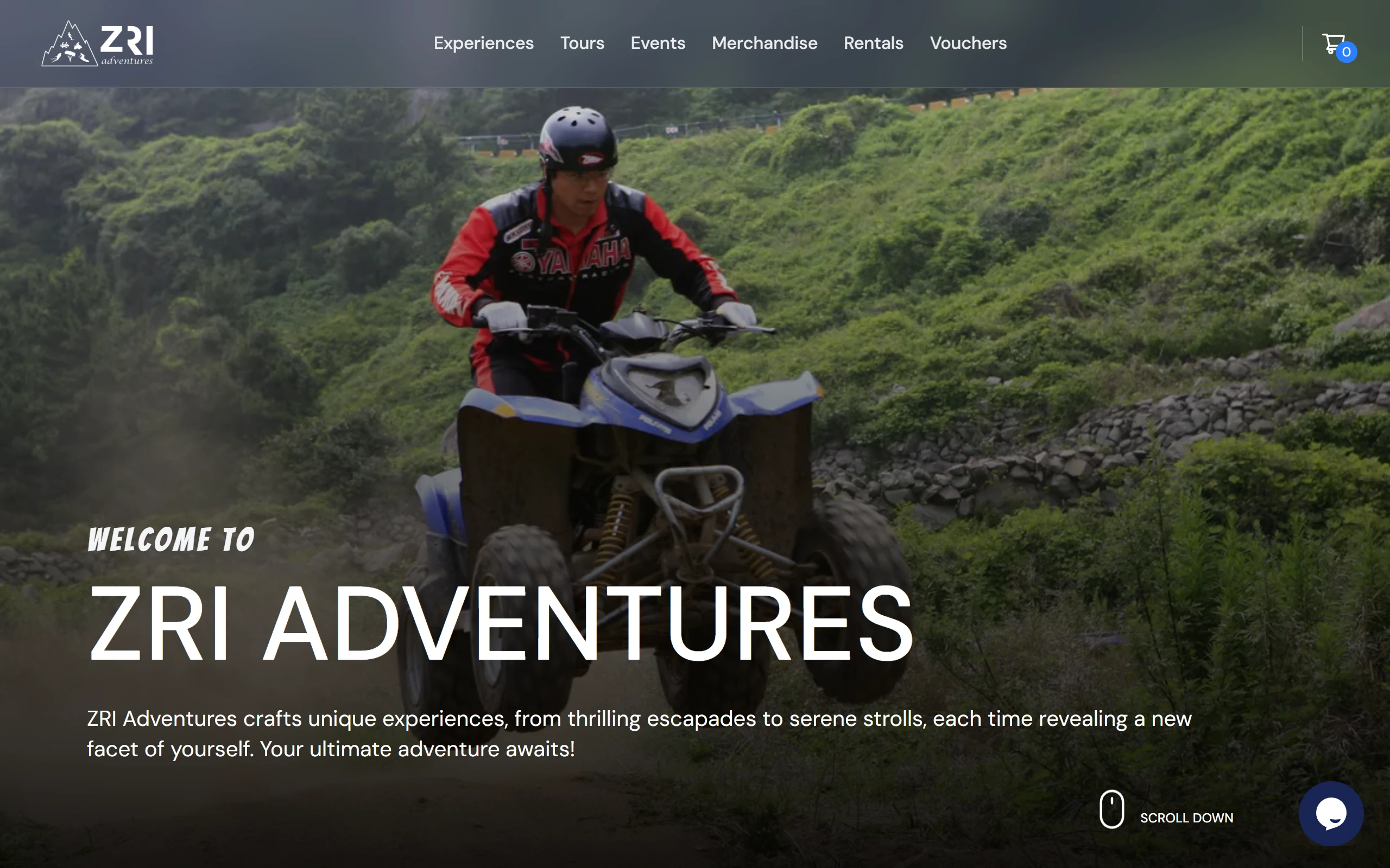 The ZRI Adventures home page: a full-bleed photograph of a quad bike rider on a hillside trail, under a navigation bar for experiences, tours, events, merchandise, rentals and vouchers.